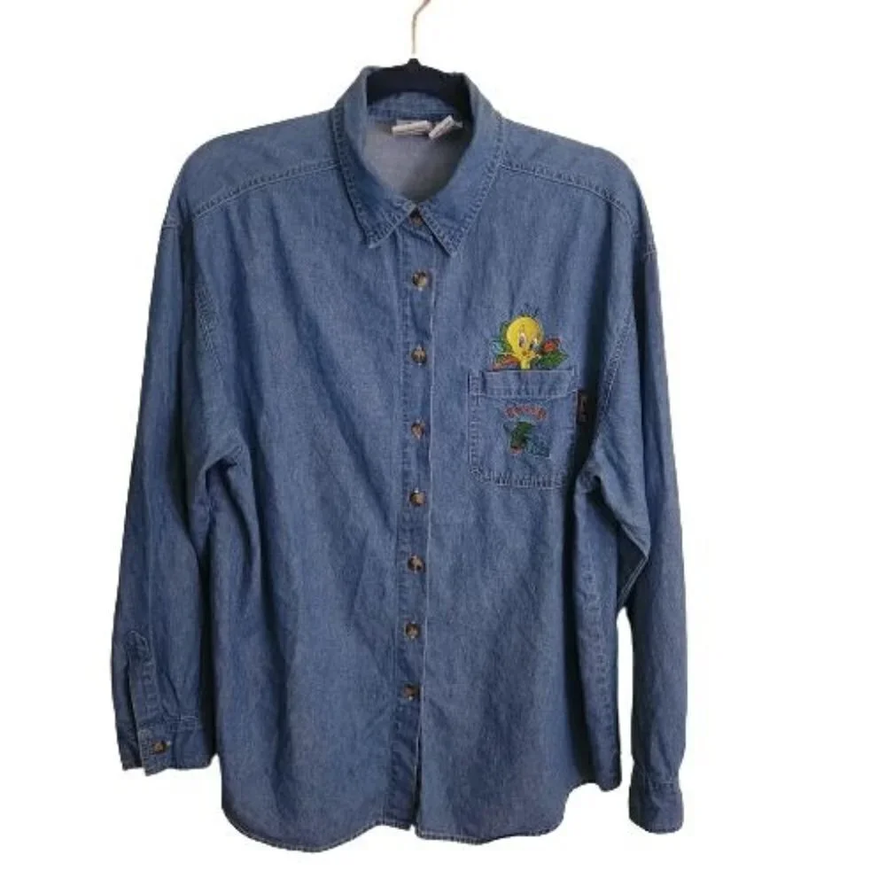 Looney Tunes Vintage Embroidered Chambray Tweety Bird Button Down Shirt Size L